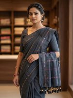 Women's Cotton Khesh Applique Work sarees with blouse Pure Cottton Saree - Image 11