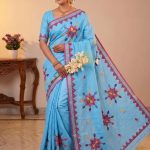 Women's Cotton Khesh Applique Work sarees with blouse Pure Cottton Saree