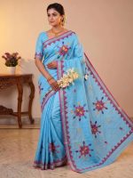 Women's Cotton Khesh Applique Work sarees with blouse Pure Cottton Saree