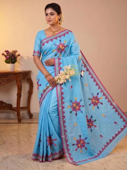 Women's Cotton Khesh Applique Work sarees with blouse Pure Cottton Saree