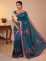 Women's Cotton Khesh Applique Work sarees with blouse Pure Cottton Saree - Image 4