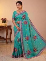 Women's Cotton Khesh Applique Work sarees with blouse Pure Cottton Saree - Image 6