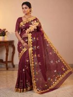 Women's Cotton Khesh Applique Work sarees with blouse Pure Cottton Saree - Image 8