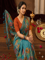 Elegant Tissue Linen Botanical Leaf Digital Print Saree - Image 6