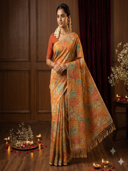 Elegant Tissue Linen Botanical Leaf Digital Print Saree